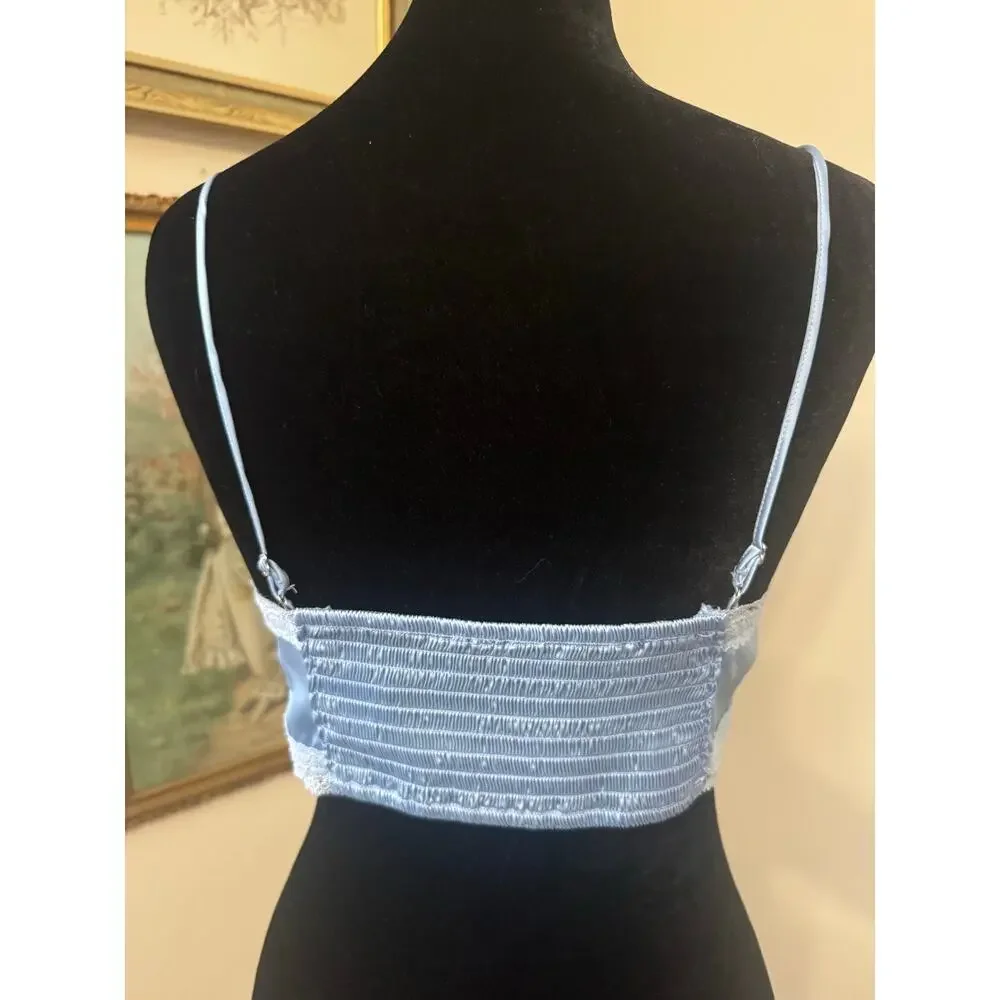 Blue Satin Lace Trim Handkerchief Hem Cami Y2K Smocked Back Small - Picture 3 of 10